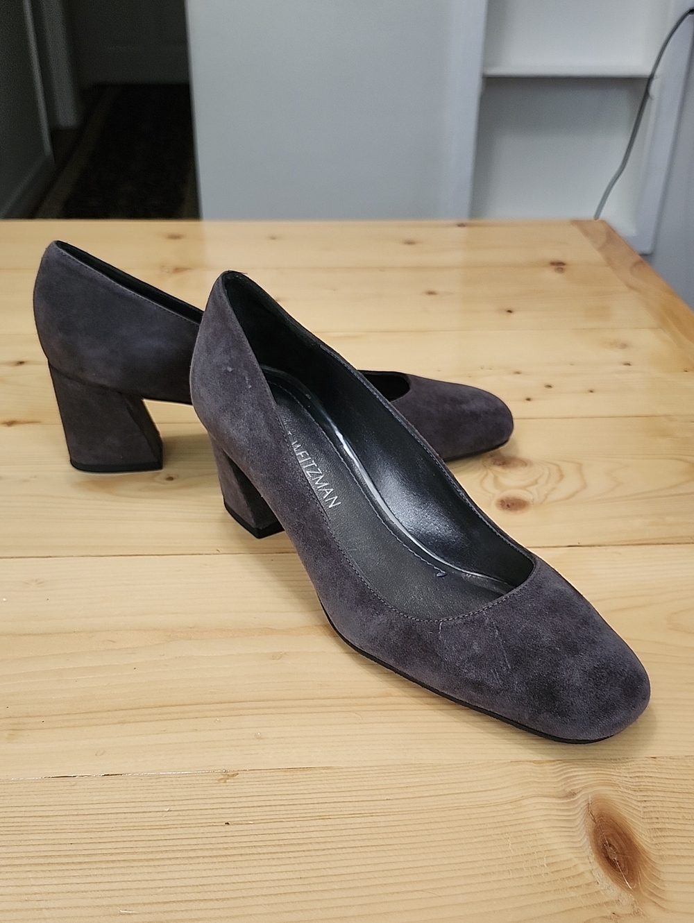 Stuart Weitzman Suede Block Heel Pumps Charcoal Gray 7.5